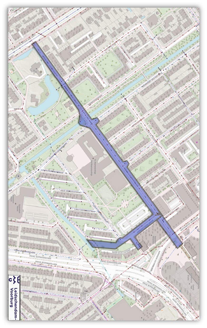 Kaart met in het blauw aangegeven projectgebied Marcellus Emantslaan